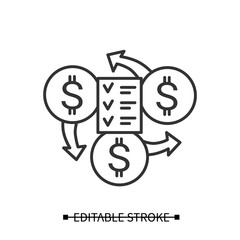 Financial management icon. Cash flow and budget checklist linear pictogram. Personal and business accounting, income, expenses and taxes planning concept. Editable stroke vector illustration