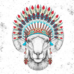Hipster animal ram or mouflon with indian feather headdress. Hand drawing Muzzle of animal ram or mouflon