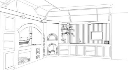 barbecue area, contour visualization, 3D illustration, sketch, outline