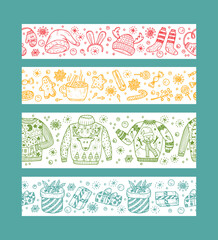 Christmas banners set design. Horizontal Holiday seamless borders. Christmas paper strips with doodle ugly sweaters, knitted clothes, gift boxes, sweets, gingerbread cookies, mulled wine, spice. Xmas
