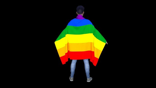 3D character man with Rainbow flag cape, animation, alpha channel, loop