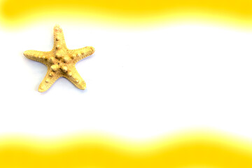 Fototapeta na wymiar Isolated starfish on white background around yellow sand frame wallpaper