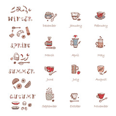 Vector template. Times of year. Four seasons and months, the template for creating a calendar with Doodle Coffee or Tea Cups and Different additives for tea drinking
