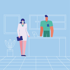 professional doctors couple wearing medical masks