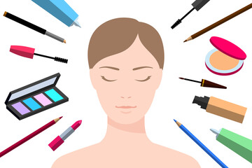 Face of woman without makeup and various beauty products around