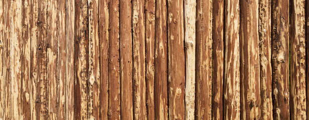 Wooden surface for natural background. Fence made of tree trunks. - obrazy, fototapety, plakaty