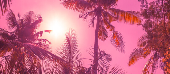 bright sun in the tropics, coconut trees against the sky, bright lilac-orange hue, travel and tourism concept, background image for text
