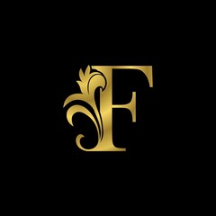 Golden F Initial Letter Luxurious logo icon, vintage luxury vector design concept outline alphabet letter with floral leaf gold color for luxuries business.