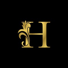 Golden H Initial Letter Luxurious logo icon, vintage luxury vector design concept outline alphabet letter with floral leaf gold color for luxuries business.