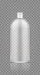 Dishwashing detergent, softener empty transparent plastic bottle mockup with cap lid. Washing machine and laundry soap package. Blank hygiene product template. 3d realistic vector illustration