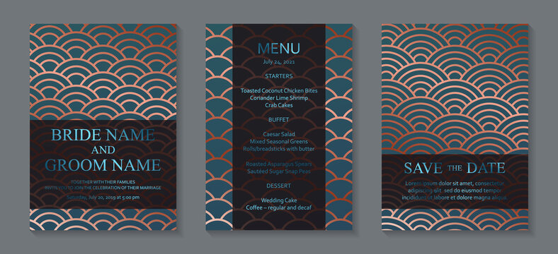 Modern geometric luxury wedding invitation design or card templates for birthday greeting or certificate or cover with copper chinese circles on a blue background.