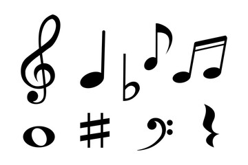 Musical notes and icons on white background