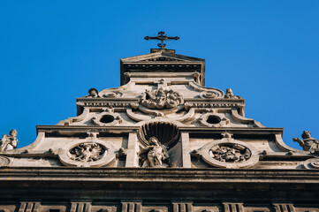 Roof of the greek catholic Bernardine Church of St. Andrew with sculptures of Jesus, Mary and monks...