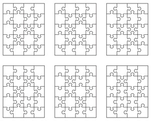 Illustration of six different white puzzles, separate pieces	
