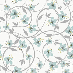 Vector floral seamless pattern. Elegant vintage ornament with pretty flowers, curly branches, leaves, twigs. Liberty style wallpapers. Blue, white and gray color. Abstract background. Repeat design