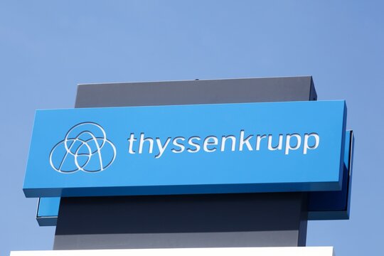 Saint-Genis-Laval, France - May 21, 2020: Thyssenkrupp logo on a signboard. Thyssenkrupp is a German multinational conglomerate, based in Duisburg and Essen and divided into 670 subsidiaries worldwide