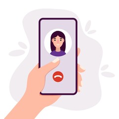 Person holding smartphone in hand and calling via video chat mobile app flat vector illustration Digital technology and communication concept