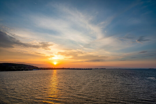 Beautiful sunset over Dnieper river near Cherkasy, Ukraine