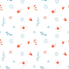 Seamless additional pattern for movie theme in vector abstract design in trend colours with stars, leaves, hearts. Cartoon doodle flat Vector Illustration.