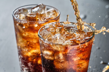 Zwei Tassen Cola-Erfrischungsgetränk werden in Glas gegossen