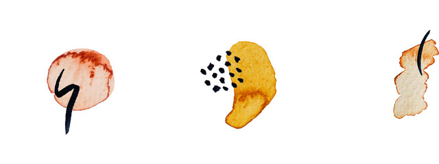 Abstract modern watercolor brush. Black, orange, red, gold, yellow watercolor Illustration isolated on white background. Wedding card. Minimal business card, poster, logo.