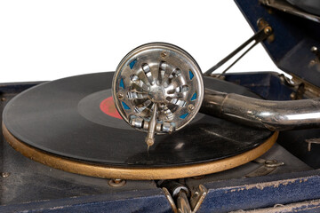 Phonograph with crank. Old gramophone Isolated on a white background.