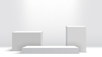 White podium. Pedestal. Scene. Boxes. Vector illustration.