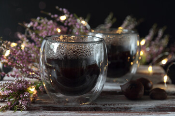 cups with coffee on a dark background, christmas concept