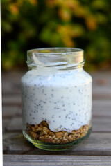 Healthly food. Chia seed and crunch pudding.