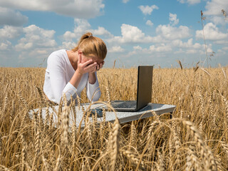 Naklejka na ściany i meble business woman at remote work. A young girl works for a laptop in a wheat field.