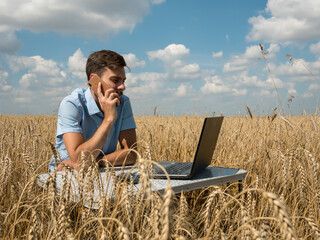 Naklejka na ściany i meble business men at remote work. A young man works for a laptop in a wheat field.