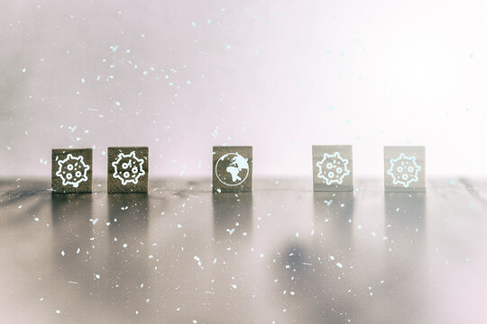 Corona Virus als Symbol dargestellt für die ganze Welt mit umherfliegenden Partikel in der Luft