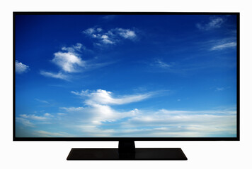 Modern blank flat screen TV set, LCD Television isolated on white background,4K display with blue...
