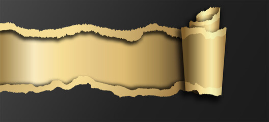 Ripped rolled black paper revealing a golden background . Vector realistic illustration