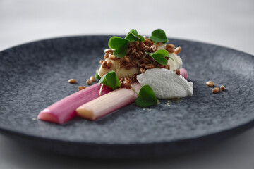 frisches und buntes Frühling Dessert aus geschmortem Rhabarber, Veganen Ricotta, Dinkel & Sauer...