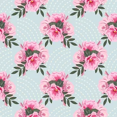 Gordijnen Seamless pattern with cute pink flowers and geometric ornament.  Floral background for printing on fabric, clothing, home textiles, wallpaper, gift wrapping. © mrnvb