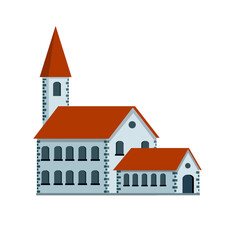 City hall with red roof. Old guildhouse. European architecture and landmark. Administration of a small town. Catholic Christian Cathedral. Cartoon flat illustration. Church with tower