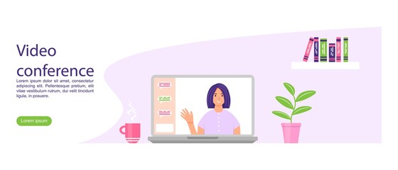 Video conference landing. Female character on the laptop screen. Online communication concept. Vector illustration in cartoon style.