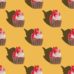 Yellow Seamless pattern big cupcakes silhouettes, muffin sweet white cake and red on top painted with gouache. Texture with sweets for desktop wallpaper or culinary blog website. junk food concept