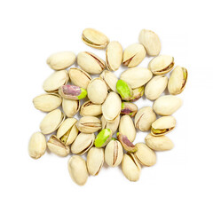 Top view of roasted salted pistachio nuts in nutshell isolated on white background.