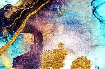 Sunset Ocean Waves. Inks are beautiful, highly saturated, transparent inks. Art&Gold. Eastern paper texture. Fashion textile. The revival of Oriental Ancient art.