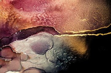 Sunset Ocean Waves. Inks are beautiful, highly saturated, transparent inks. Art&Gold. Eastern paper texture. Fashion textile. The revival of Oriental Ancient art.