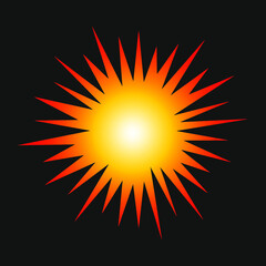 Sunburst explosion vector graphic. Detonation icon. Cartoon style firework flash logo. Spark beam symbol. Explosive bomb blast flare sign. Isolated on black background.	
