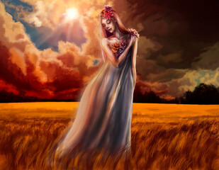 Digital illustration with a young woman against sunset.