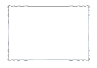 Obraz premium Rectangle realistic frame metal or silver with waved corner elements. Slender on white background. Steel, photoframe template. For picture. Vector illustration.