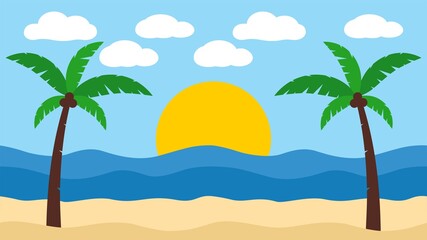 Sunrise, Sunset Beach Landscape Tropical Island Palm Tree Background Vector