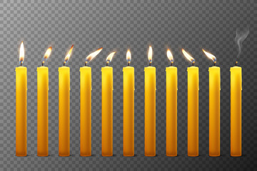 Vector 3d Realistic Orange Paraffin or Wax Burning Candles with Different Flame Icon Set Closeup Isolated on Transparent Background. Design Template, Clipart