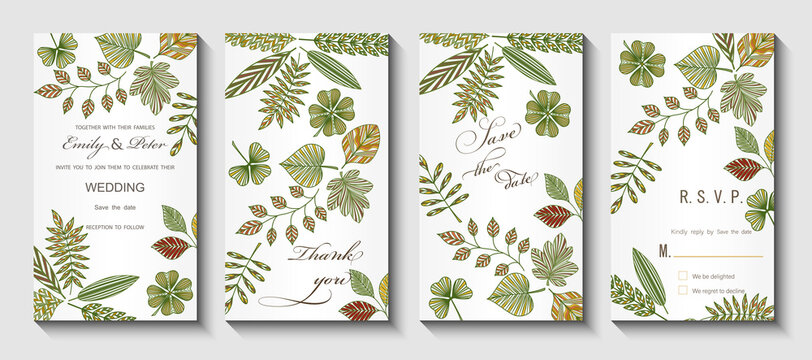 Creative design, background with abstract leaves. Wedding invitation.  Vector illustration. 