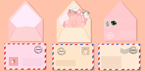 Set with postal envelopes in pink-beige tones