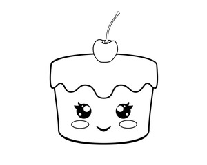 Cupcake with cute face and cherry - vector linear illustration for coloring. Kawaii cupcake with cherry and smiley - element for coloring book. Outline.